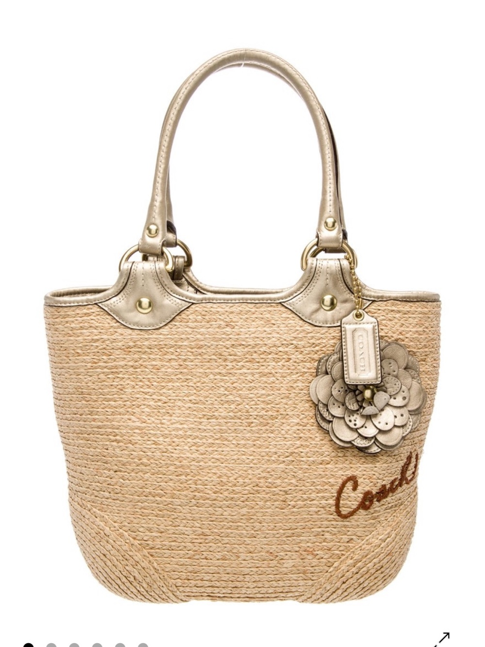 Coach Straw Tote with Metallic Silver Lesther Trim & Flower